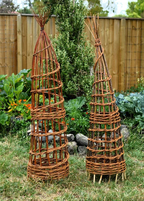 Two tall, rustic wicker Obelisk towers made from interlaced brown branches, standing on grass in a garden with plants and a wooden fence in the background.