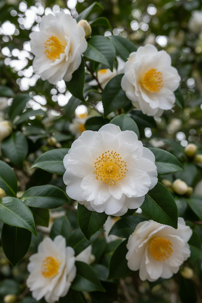 Close-up of white flowers with yellow centers on a green leafy background