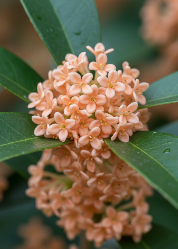 Close-up of peach coloured Osmanthus Fragrans Aurantiacus flowers with green leaves on a blurred natural background